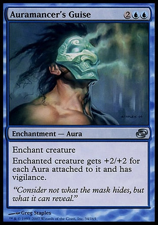 '-Auramancer's Guise
Enchantment â€” Aura
Enchant creature
Enchanted creature gets +2/+2 for each Aura attached to it and has vigilance.