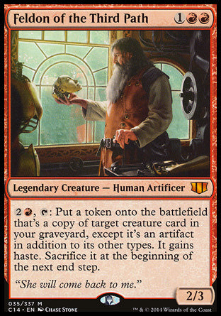 '-Feldon of the Third Path
Legendary Creature â€” Human Artificer
%2%R, %T: Create a token that's a copy of target creature card in your graveyard, except it's an artifact in addition to its other types. It gains haste. Sacrifice it at the beginning of the next end step.
2/3