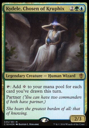 '-Kydele, Chosen of Kruphix
Legendary Creature â€” Human Wizard
%T: Add %C for each card you've drawn this turn.
Partner
2/3