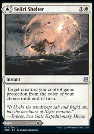 '-Sejiri Shelter
Instant
Target creature you control gains protection from the color of your choice until end of turn.
Sejiri Glacier
Land
This land enters tapped.
%T: Add %W.