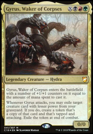 '-Gyrus, Waker of Corpses
Legendary Creature â€” Hydra
Gyrus enters with a number of +1/+1 counters on it equal to the amount of mana spent to cast it.
Whenever Gyrus attacks, you may exile target creature card with lesser power from your graveyard. If you do, create a token that's a copy of that card and that's tapped and attacking. Exile the token at end of combat.
0/0