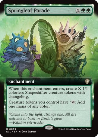 Springleaf Parade
Enchantment
When this enchantment enters, create X 1/1 colorless Shapeshifter creature tokens with changeling.
Creature tokens you control have "%T: Add one mana of any color."