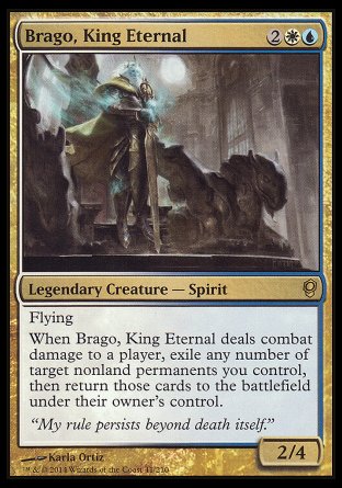 '-Brago, King Eternal
Legendary Creature â€” Spirit Noble
Flying
Whenever Brago deals combat damage to a player, exile any number of target nonland permanents you control, then return those cards to the battlefield under their owner's control.
2/4