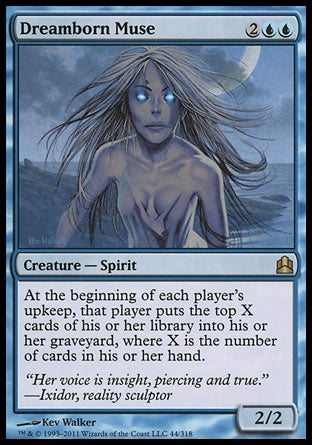 '-Dreamborn Muse
Creature â€” Spirit
At the beginning of each player's upkeep, that player mills X cards, where X is the number of cards in their hand.
2/2