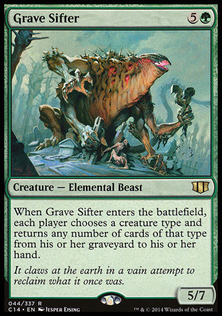 Grave Sifter
Creature — Elemental Beast
When this creature enters, each player chooses a creature type and returns any number of cards of that type from their graveyard to their hand.
5/7