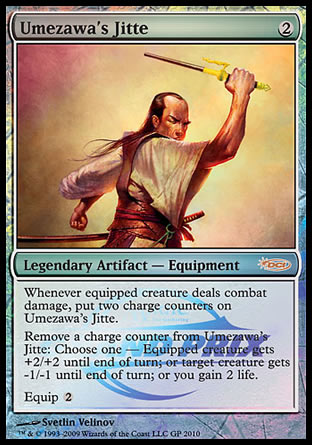 '-Umezawa's Jitte
Legendary Artifact â€” Equipment
Whenever equipped creature deals combat damage, put two charge counters on Umezawa's Jitte.
Remove a charge counter from Umezawa's Jitte: Choose one â€”
â€¢ Equipped creature gets +2/+2 until end of turn.
â€¢ Target creature gets -1/-1 until end of turn.
â€¢ You gain 2 life.
Equip %2