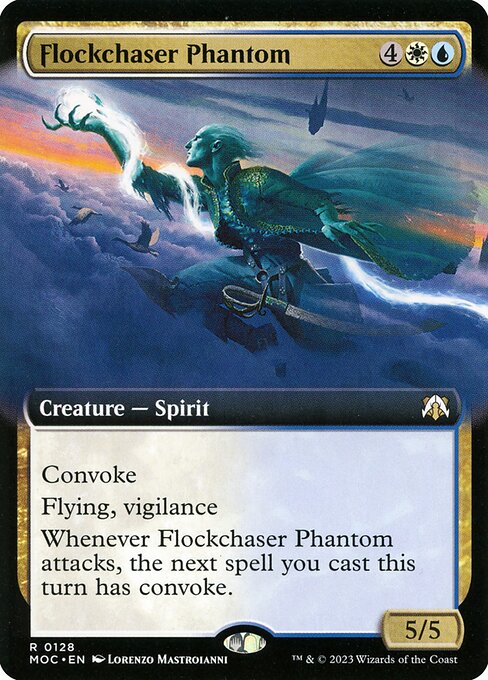 Flockchaser Phantom
Creature — Spirit
Convoke (Your creatures can help cast this spell. Each creature you tap while casting this spell pays for {1} or one mana of that creature's color.)
Flying, vigilance
Whenever this creature attacks, the next spell you cast this turn has convoke.
5/5