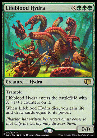 '-Lifeblood Hydra
Creature â€” Hydra
Trample
This creature enters with X +1/+1 counters on it.
When this creature dies, you gain life and draw cards equal to its power.
0/0