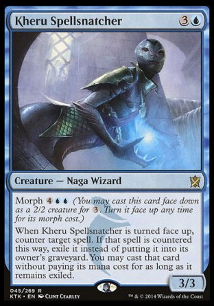 Kheru Spellsnatcher
Creature — Snake Wizard
Morph %4%U%U
When this creature is turned face up, counter target spell. If that spell is countered this way, exile it instead of putting it into its owner's graveyard. You may cast that card without paying its mana cost for as long as it remains exiled.
3/3