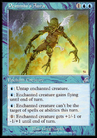 '-Pemmin's Aura
Enchantment â€” Aura
Enchant creature
%U: Untap enchanted creature.
%U: Enchanted creature gains flying until end of turn.
%U: Enchanted creature gains shroud until end of turn.
%1: Enchanted creature gets +1/-1 or -1/+1 until end of turn.