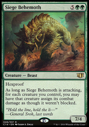 '-Siege Behemoth
Creature â€” Beast
Hexproof
As long as this creature is attacking, for each creature you control, you may have that creature assign its combat damage as though it weren't blocked.
7/4