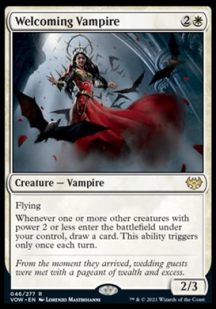 '-Welcoming Vampire
Creature â€” Vampire
Flying
Whenever one or more other creatures you control with power 2 or less enter, draw a card. This ability triggers only once each turn.
2/3