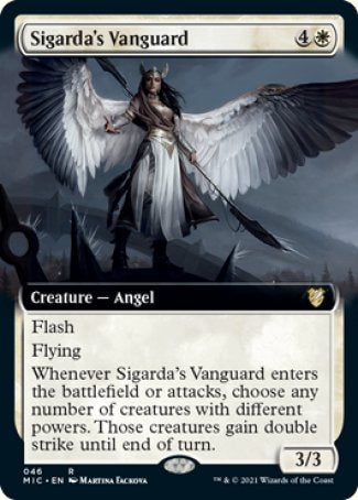 '-Sigarda's Vanguard
Creature â€” Angel
Flash
Flying
Whenever this creature enters or attacks, choose any number of creatures with different powers. Those creatures gain double strike until end of turn.
3/3