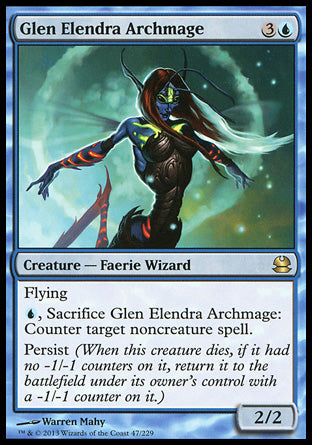 '-Glen Elendra Archmage
Creature â€” Faerie Wizard
Flying
%U, Sacrifice this creature: Counter target noncreature spell.
Persist
2/2