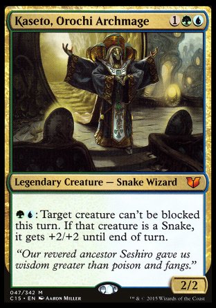 Kaseto, Orochi Archmage
Legendary Creature — Snake Wizard
%G%U: Target creature can't be blocked this turn. If that creature is a Snake, it gets +2/+2 until end of turn.
2/2