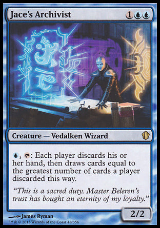 '-Jace's Archivist
Creature â€” Vedalken Wizard
%U, %T: Each player discards their hand, then draws cards equal to the greatest number of cards a player discarded this way.
2/2