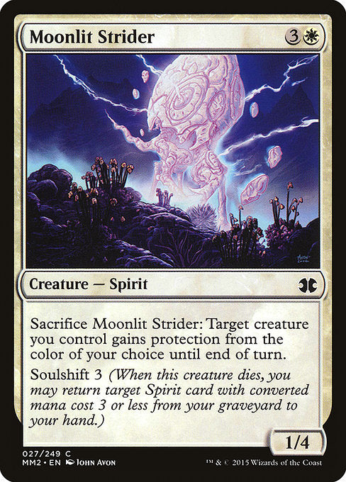 Moonlit Strider
Creature — Spirit
Sacrifice this creature: Target creature you control gains protection from the color of your choice until end of turn.
Soulshift 3 (When this creature dies, you may return target Spirit card with mana value 3 or less from your graveyard to your hand.)
1/4