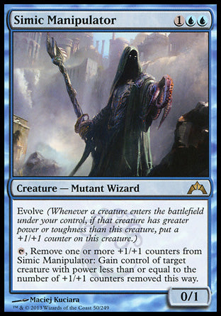 Simic Manipulator
Creature — Mutant Wizard
Evolve
%T, Remove one or more +1/+1 counters from this creature: Gain control of target creature with power less than or equal to the number of +1/+1 counters removed this way.
0/1