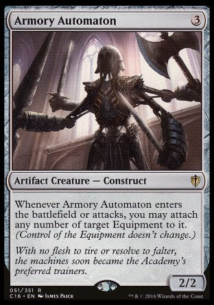 '-Armory Automaton
Artifact Creature â€” Construct
Whenever this creature enters or attacks, you may attach any number of target Equipment to it. (Control of the Equipment doesn't change.)
2/2