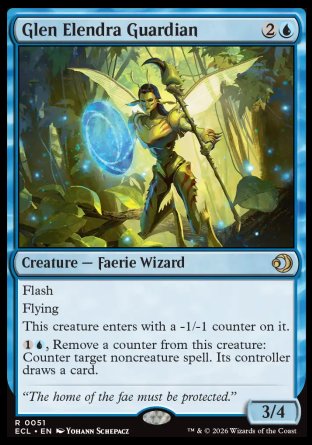 Glen Elendra Guardian
Creature â€” Faerie Wizard
Flash
Flying
This creature enters with a -1/-1 counter on it.
%1%U, Remove a counter from this creature: Counter target noncreature spell. Its controller draws a card.
3/4