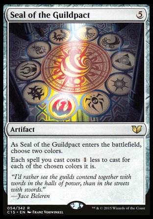 Seal of the Guildpact
Artifact
As this artifact enters, choose two colors.
Each spell you cast costs %1 less to cast for each of the chosen colors it is.