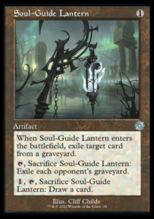 Soul-Guide Lantern
Artifact
When this artifact enters, exile target card from a graveyard.
%T, Sacrifice this artifact: Exile each opponent's graveyard.
%1, %T, Sacrifice this artifact: Draw a card.