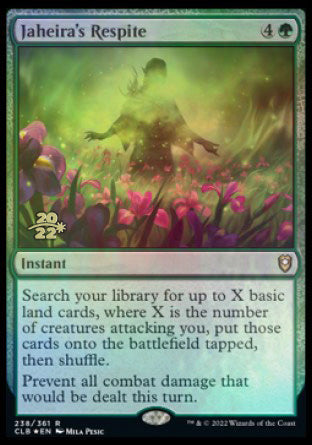 '-Jaheira's Respite
Instant
Search your library for up to X basic land cards, where X is the number of creatures attacking you, put those cards onto the battlefield tapped, then shuffle.
Prevent all combat damage that would be dealt this turn.