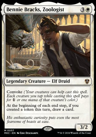 '-Bennie Bracks, Zoologist
Legendary Creature â€” Elf Druid
Convoke
At the beginning of each end step, if you created a token this turn, draw a card.
3/2