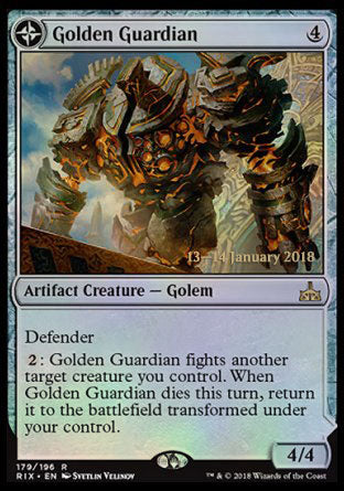 '-Golden Guardian
Artifact Creature â€” Golem
Defender
%2: This creature fights another target creature you control. When this creature dies this turn, return it to the battlefield transformed under your control.
4/4
Gold-Forge Garrison
Land
(Transforms from Golden Guardian.)
%T: Add two mana of any one color.
%4, %T: Create a 4/4 colorless Golem artifact creature token.