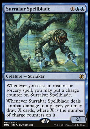 Surrakar Spellblade
Creature — Surrakar
Whenever you cast an instant or sorcery spell, you may put a charge counter on this creature.
Whenever this creature deals combat damage to a player, you may draw X cards, where X is the number of charge counters on it.
2/1