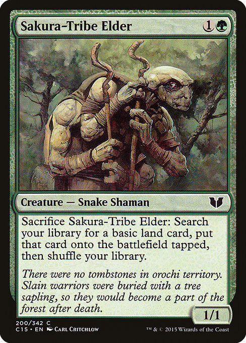 Sakura-Tribe Elder
Creature — Snake Shaman
Sacrifice this creature: Search your library for a basic land card, put that card onto the battlefield tapped, then shuffle.
1/1