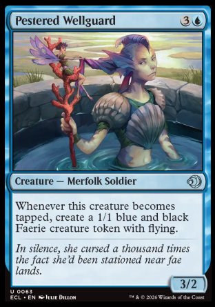 Pestered Wellguard
Creature â€” Merfolk Soldier
Whenever this creature becomes tapped, create a 1/1 blue and black Faerie creature token with flying.
3/2