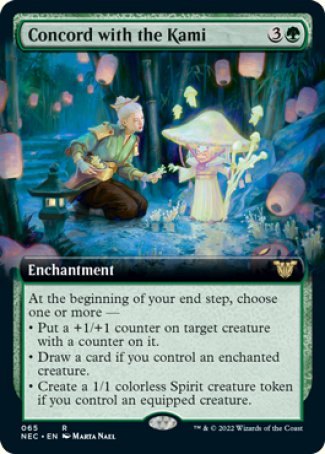 Concord with the Kami
Enchantment
At the beginning of your end step, choose one or more —
• Put a +1/+1 counter on target creature with a counter on it.
• Draw a card if you control an enchanted creature.
• Create a 1/1 colorless Spirit creature token if you control an equipped creature.