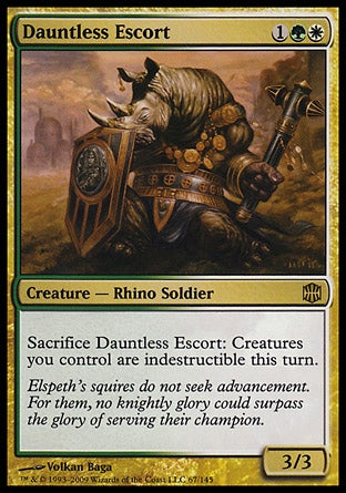 Dauntless Escort
Creature — Rhino Soldier
Sacrifice this creature: Creatures you control gain indestructible until end of turn.
3/3