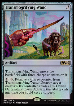 '-Transmogrifying Wand
Artifact
This artifact enters with three charge counters on it.
%1, %T, Remove a charge counter from this artifact: Destroy target creature. Its controller creates a 2/4 white Ox creature token. Activate only as a sorcery.