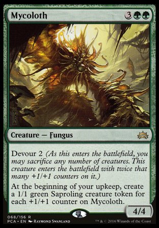 '-Mycoloth
Creature â€” Fungus
Devour 2
At the beginning of your upkeep, create a 1/1 green Saproling creature token for each +1/+1 counter on this creature.
4/4