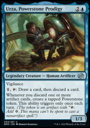 Urza, Powerstone Prodigy
Legendary Creature — Human Artificer
Vigilance
%1, %T: Draw a card, then discard a card.
Whenever you discard one or more artifact cards, create a tapped Powerstone token. This ability triggers only once each turn.
1/3