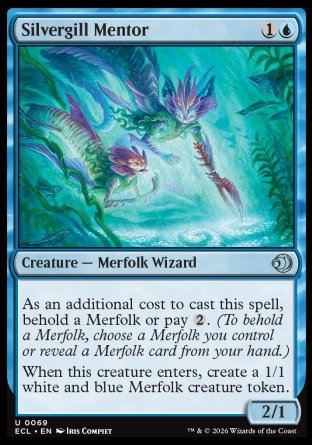 Silvergill Mentor
Creature â€” Merfolk Wizard
As an additional cost to cast this spell, behold a Merfolk or pay %2.
When this creature enters, create a 1/1 white and blue Merfolk creature token.
2/1