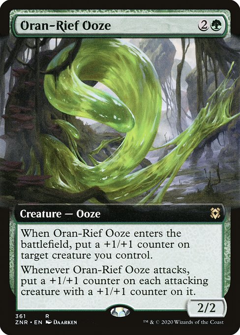 Oran-Rief Ooze
Creature — Ooze
When this creature enters, put a +1/+1 counter on target creature you control.
Whenever this creature attacks, put a +1/+1 counter on each attacking creature with a +1/+1 counter on it.
2/2