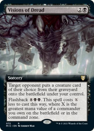 Visions of Dread
Sorcery
Target opponent puts a creature card of their choice from their graveyard onto the battlefield under your control.
Flashback %8%B%B. This spell costs %X less to cast this way, where X is the greatest mana value of a commander you own on the battlefield or in the command zone.
