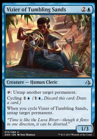 Vizier of Tumbling Sands
Creature — Human Cleric
%T: Untap another target permanent.
Cycling %1%U
When you cycle this card, untap target permanent.
1/3
