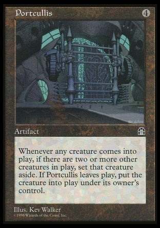 '-Portcullis
Artifact
Whenever a creature enters, if there are two or more other creatures on the battlefield, exile that creature. Return that card to the battlefield under its owner's control when this artifact leaves the battlefield.