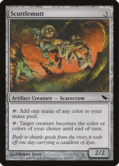 Scuttlemutt
Artifact Creature — Scarecrow
{T}: Add one mana of any color.
{T}: Target creature becomes the color or colors of your choice until end of turn.
2/2