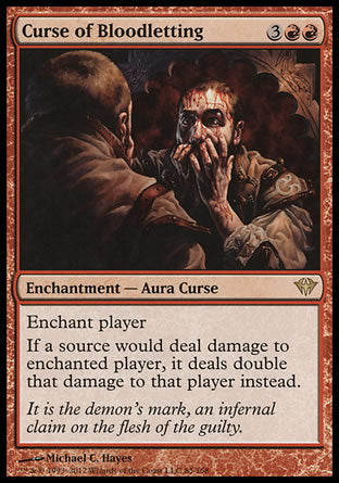 Curse of Bloodletting
Enchantment — Aura Curse
Enchant player
If a source would deal damage to enchanted player, it deals double that damage to that player instead.