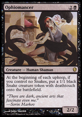 '-Ophiomancer
Creature â€” Human Shaman
At the beginning of each upkeep, if you control no Snakes, create a 1/1 black Snake creature token with deathtouch.
2/2
