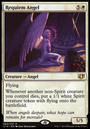 '-Requiem Angel
Creature â€” Angel
Flying
Whenever another non-Spirit creature you control dies, create a 1/1 white Spirit creature token with flying.
5/5