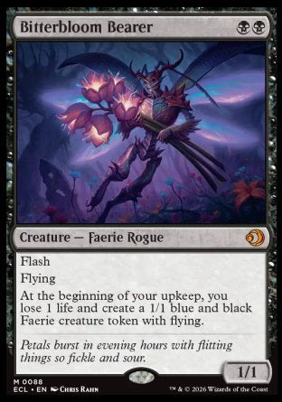 Bitterbloom Bearer
Creature — Faerie Rogue
Flash
Flying
At the beginning of your upkeep, you lose 1 life and create a 1/1 blue and black Faerie creature token with flying.
1/1