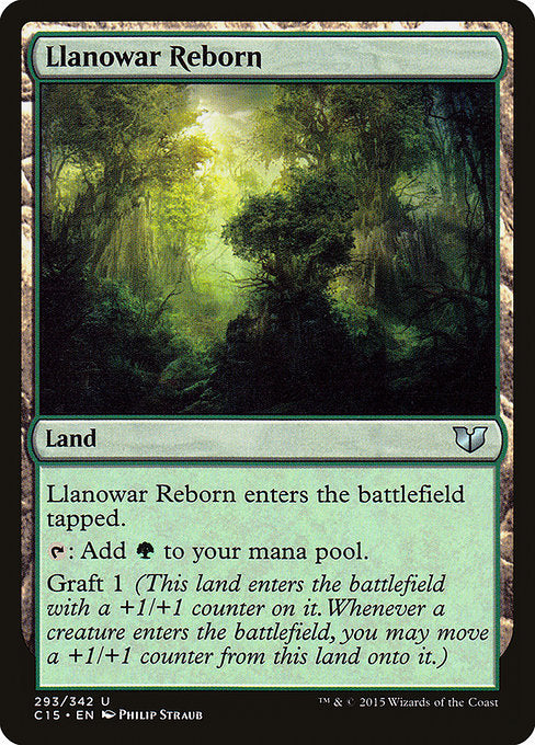Llanowar Reborn
Land
This land enters tapped.
{T}: Add {G}.
Graft 1 (This land enters with a +1/+1 counter on it. Whenever a creature enters, you may move a +1/+1 counter from this land onto it.)
