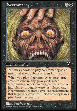 '-Necromancy
Enchantment
You may cast this spell as though it had flash. If you cast it any time a sorcery couldn't have been cast, the controller of the permanent it becomes sacrifices it at the beginning of the next end step.
When this enchantment enters, it becomes an Aura with Put target creature card from a graveyard onto the battlefield under your control and attach this enchantment. When this leaves the battlefield, that creature's controller sacs it.