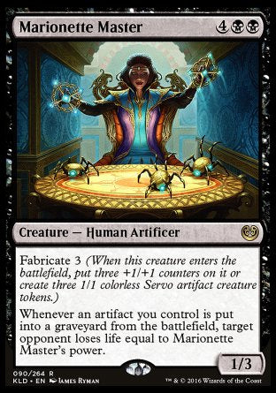 '-Marionette Master
Creature â€” Human Artificer
Fabricate 3
Whenever an artifact you control is put into a graveyard from the battlefield, target opponent loses life equal to this creature's power.
1/3